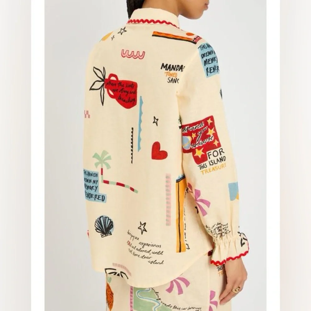 Women NEVER FULLY DRESSED Cream Linen blend Geanie embroidered frill cuff shirt - Picture 3 of 9